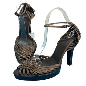 Y2K Designer PHI Weave Heels Pumps Shoes Leather Brown Size 8.5/40